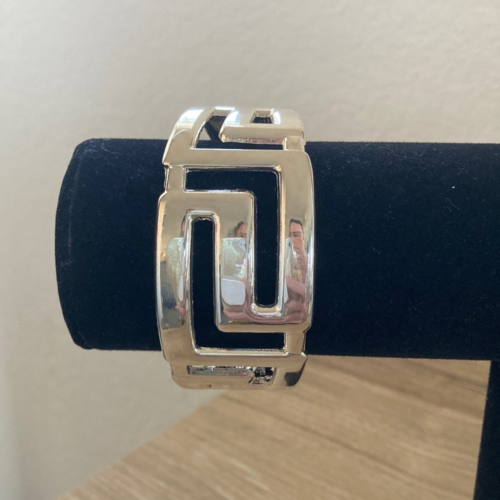 Modern Silver Openwork Greek Key Cutout Cuff Bracelet
